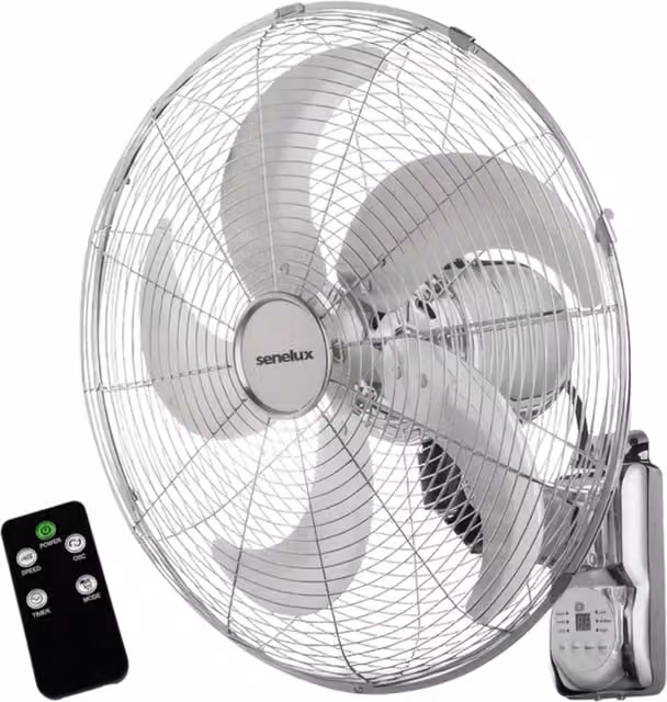 Senelux 16 Inch Silver Metal Wall Fan with Remote Control and Oscillation