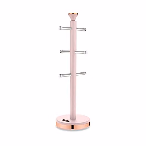 Tower Cavaletto Freestanding Mug Tree with Stainless Steel Stoppers and Anti-Slip Base, Pink and Gold, H 13.5 cm x W 13.5 cm x D 43.5 cm
