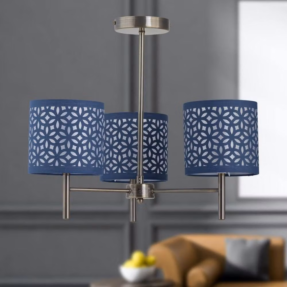 First Choice Lighting Brea 3 Light Antique Brass Ceiling Fitting with Blue Fabric Shades – 3