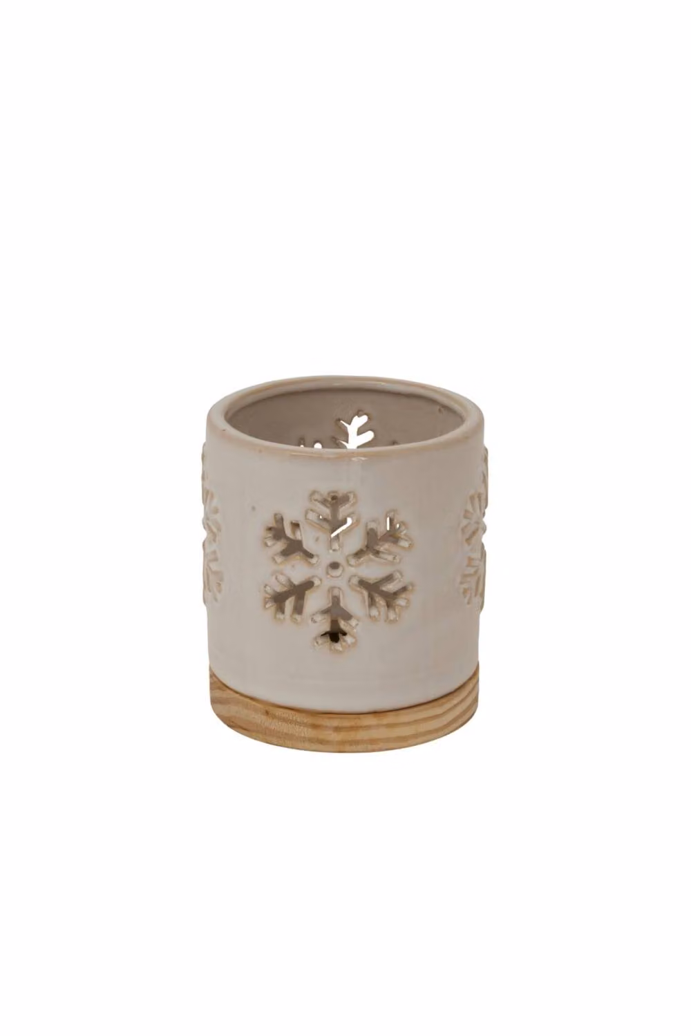 KDMD Alora Ceramic Snowflake Tealight Candle Holder with Wood Base in White and Beige – 2