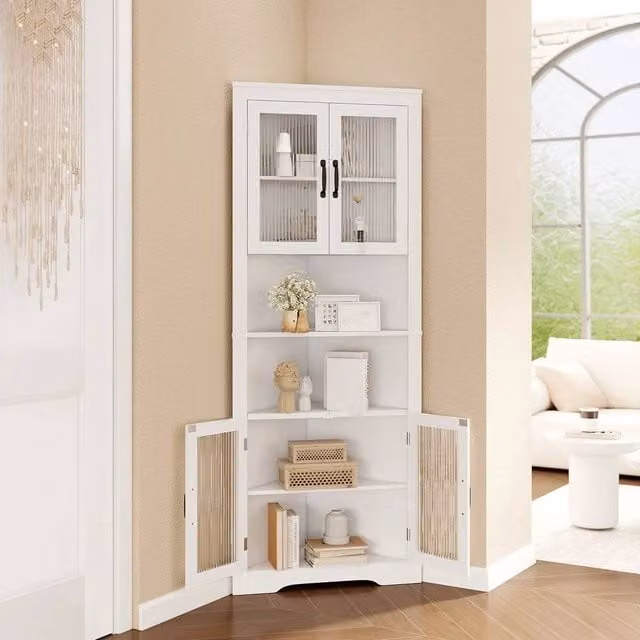KORVIXA White Rustic Corner Buffet Cabinet with Glass Doors and Adjustable Shelves, W/D/H: 100 x 100 x 100 cm
