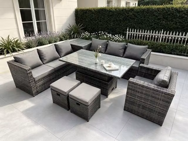 Fimous 9 Seater PE Rattan Corner Sofa Set with Height Adjustable Dining Table and Coffee Table in Dark Grey