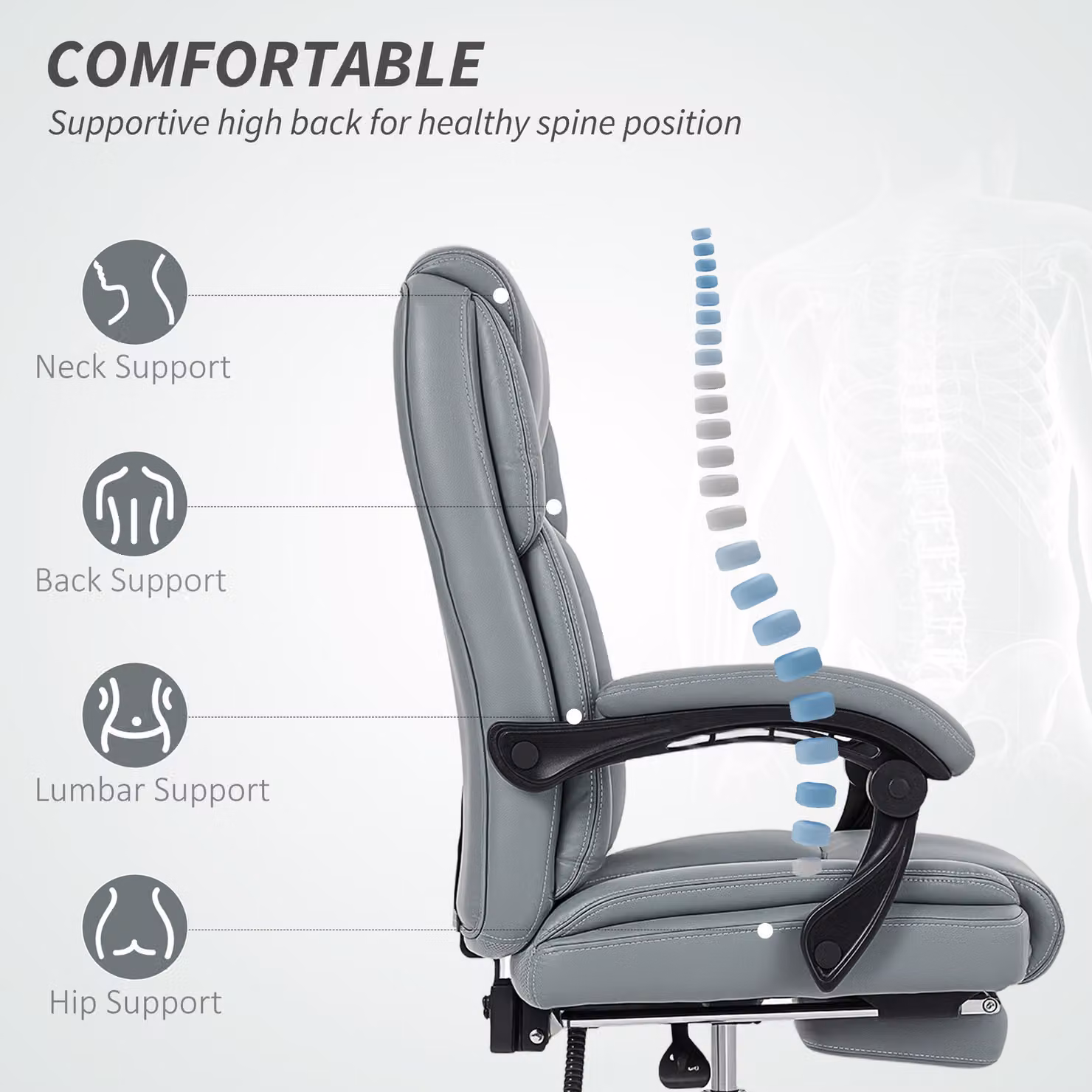 HOMCOM Grey Faux Leather Reclining Executive Office Chair with Footrest and Headrest – 5