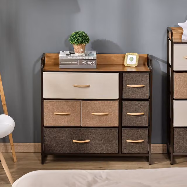 HOMCOM 7 Drawer Dresser Storage Tower with Sturdy Steel Frame in Multicolour and Brown