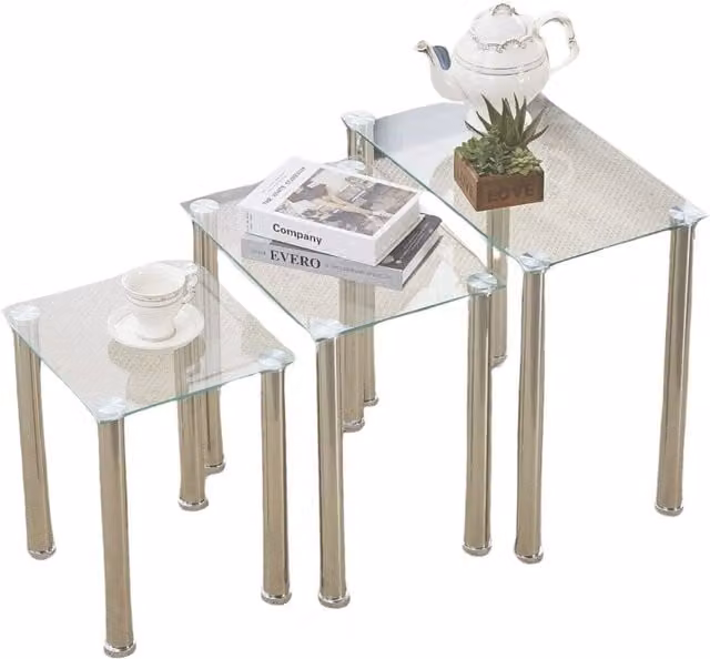 Pirlo Plush 3-Piece Glass Nesting Tables in Transparent and Silver