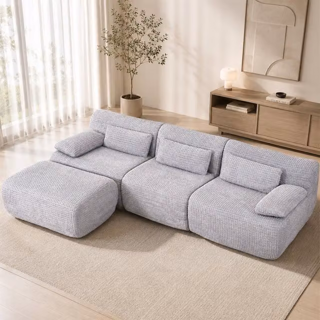 Mimo Modular Sofa Set with Curved Seat Design and Matching Ottoman in Grey Corduroy Fabric