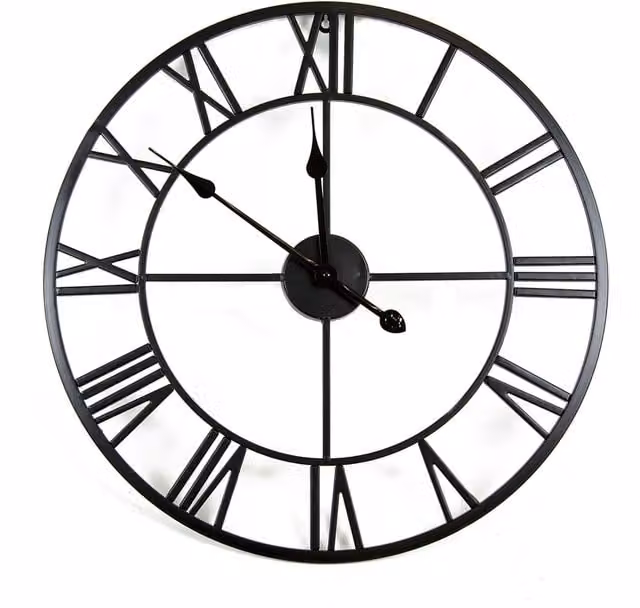 Charles Bentley Round Skeleton Wall Clock with Roman Numerals in Black Metal, Diameter: 80 cm