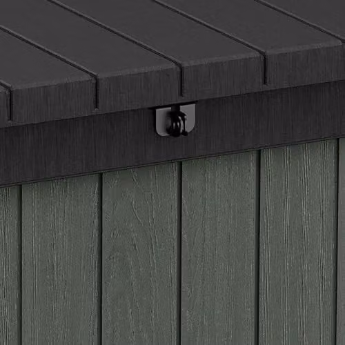 Keter Darwin 454L Outdoor Storage Box and Bench in Green, featuring Evotech Wood-Effect Composite and a Lockable Hydraulic Lid – 3