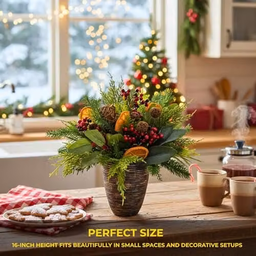 Shatchi Christmas Tree Topiary with Red Berries, Orange Slices, Eucalyptus and Rattan Balls, Green and Red Tabletop Decoration, Height: 40.64 cm – 3