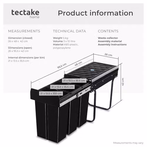 tectake Ashlyn Kitchen Bin with 3 Compartments in Black, 30L Capacity – 6