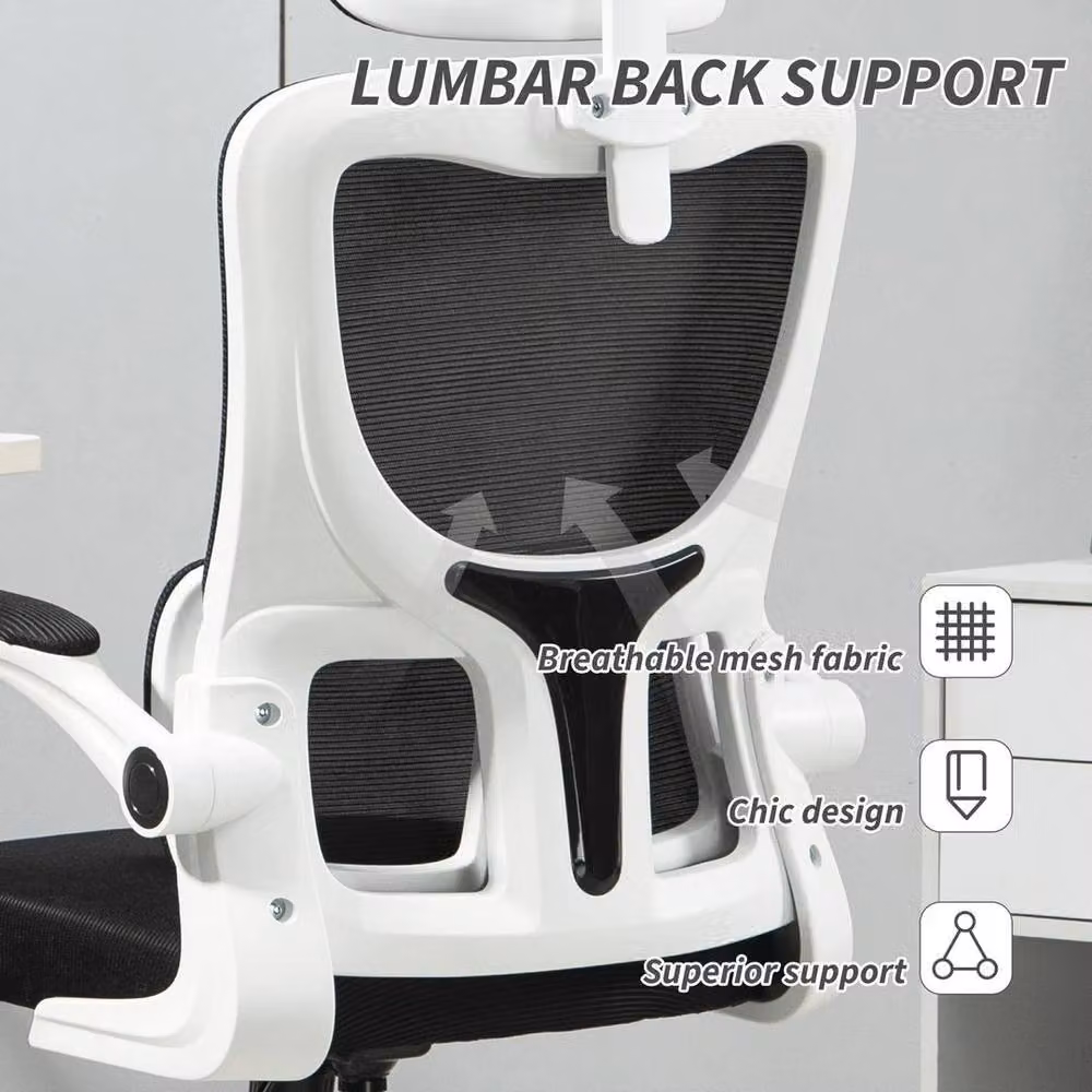 FLAVORA Ergonomic Black Fabric Office Chair with Adjustable Headrest and Armrests – 3