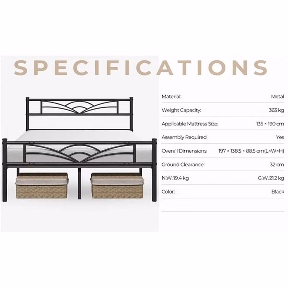 Kelvenix Black Metal Platform Bed Frame, W: 140 cm, D: 200 cm, H: 88.5 cm – 3