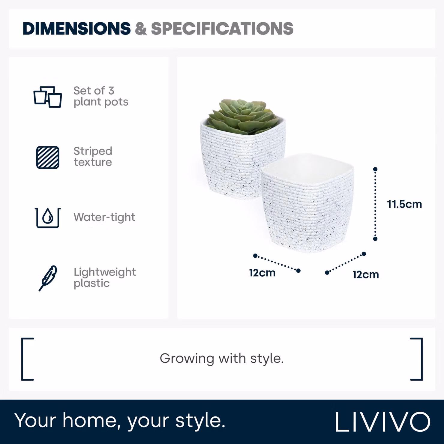 LIVIVO Set of 3 White Striped Plastic Plant Pots for Tabletop Use, Diameter: 12 cm – 5