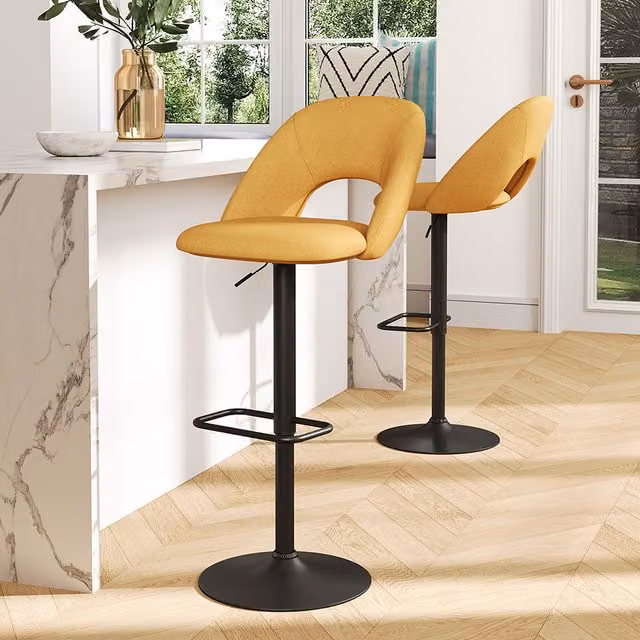 Livingandhome Set of 2 Yellow Linen and Metal Swivel Breakfast Bar Stools
