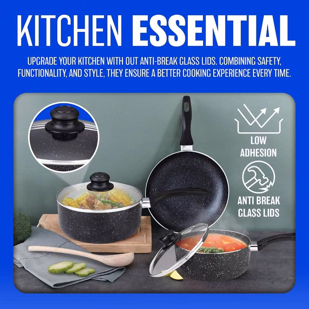 BARGAINS-GALORE 7pc Aluminium Non Stick Cookware Set in Black with Saucepan, Frying Pan and Glass Lids – 4