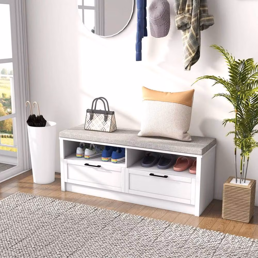 NESTLUNE Shoe Bench with Removable Fabric Cushion and Open Compartments in White, W: 100 cm, D: 60 cm – 3
