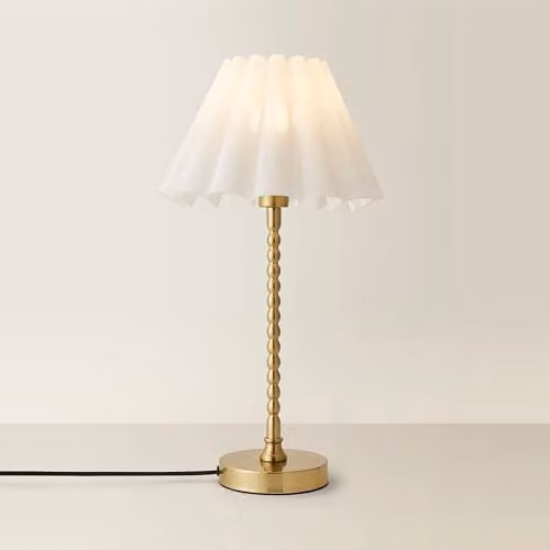 ValueLights Maeve White Scallop Pleated Tapered Shade Table Lamp with Brushed Gold Bobbin Base – 1