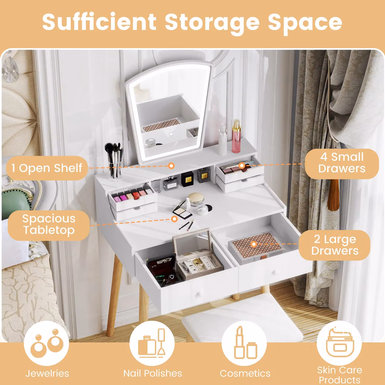 Gymax Mirror Dressing Table and Chair Set with Hollywood LED Lights and 6 Drawers in White – 2