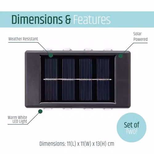 GardenKraft 2-Pack Solar Outdoor Wall Lights in Black with Warm White LEDs – 4