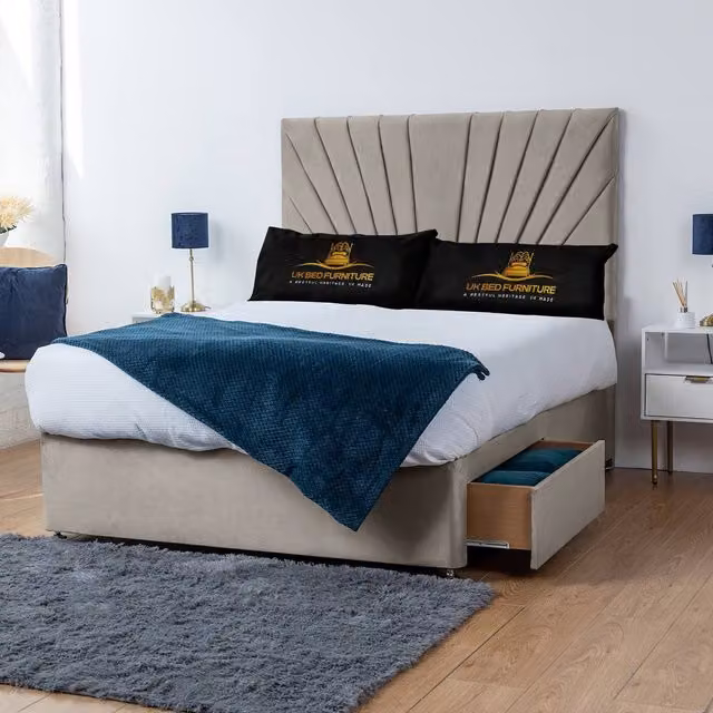 UK Bed Furniture Sunrise Divan Bed with 2 Drawers and 26 Inch Headboard in Light Beige, Size: King (W/D: 180 x 200 cm)