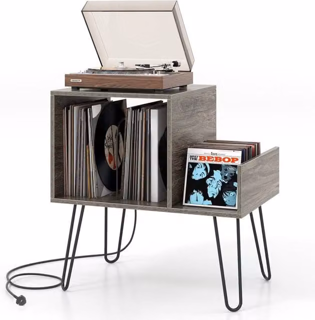 Gymax Modern Turntable Stand and Record Player Display Shelf with Power Outlet in Grey