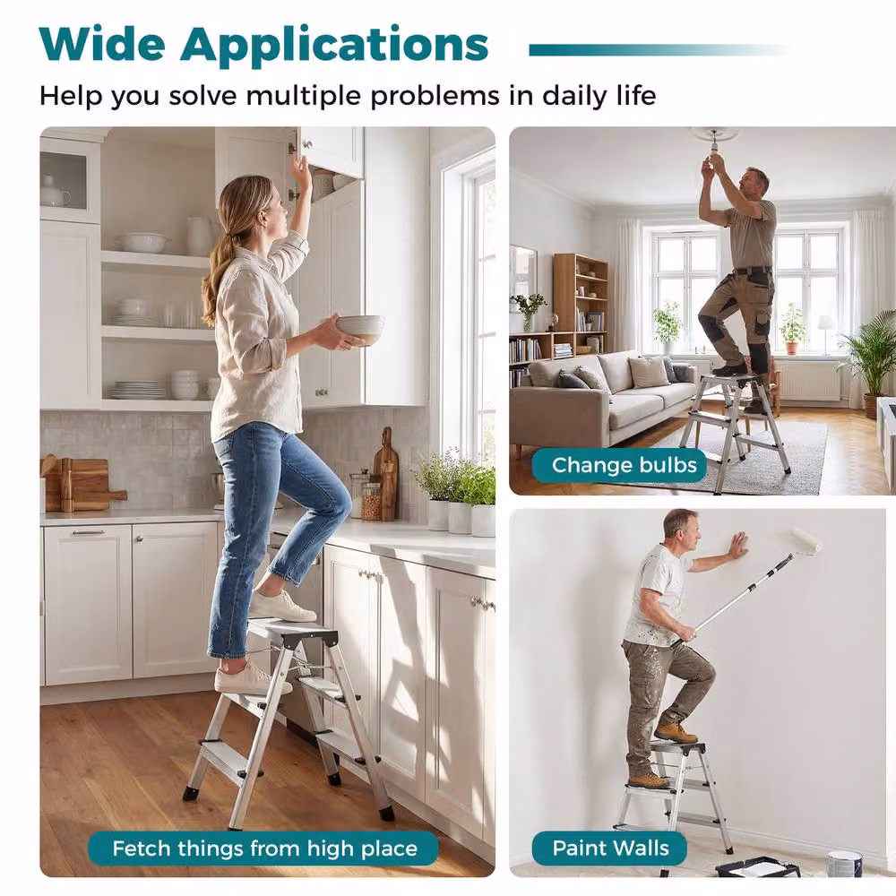 Costway Dual-Sided 3 Step Aluminium Folding Ladder in Silver – 7
