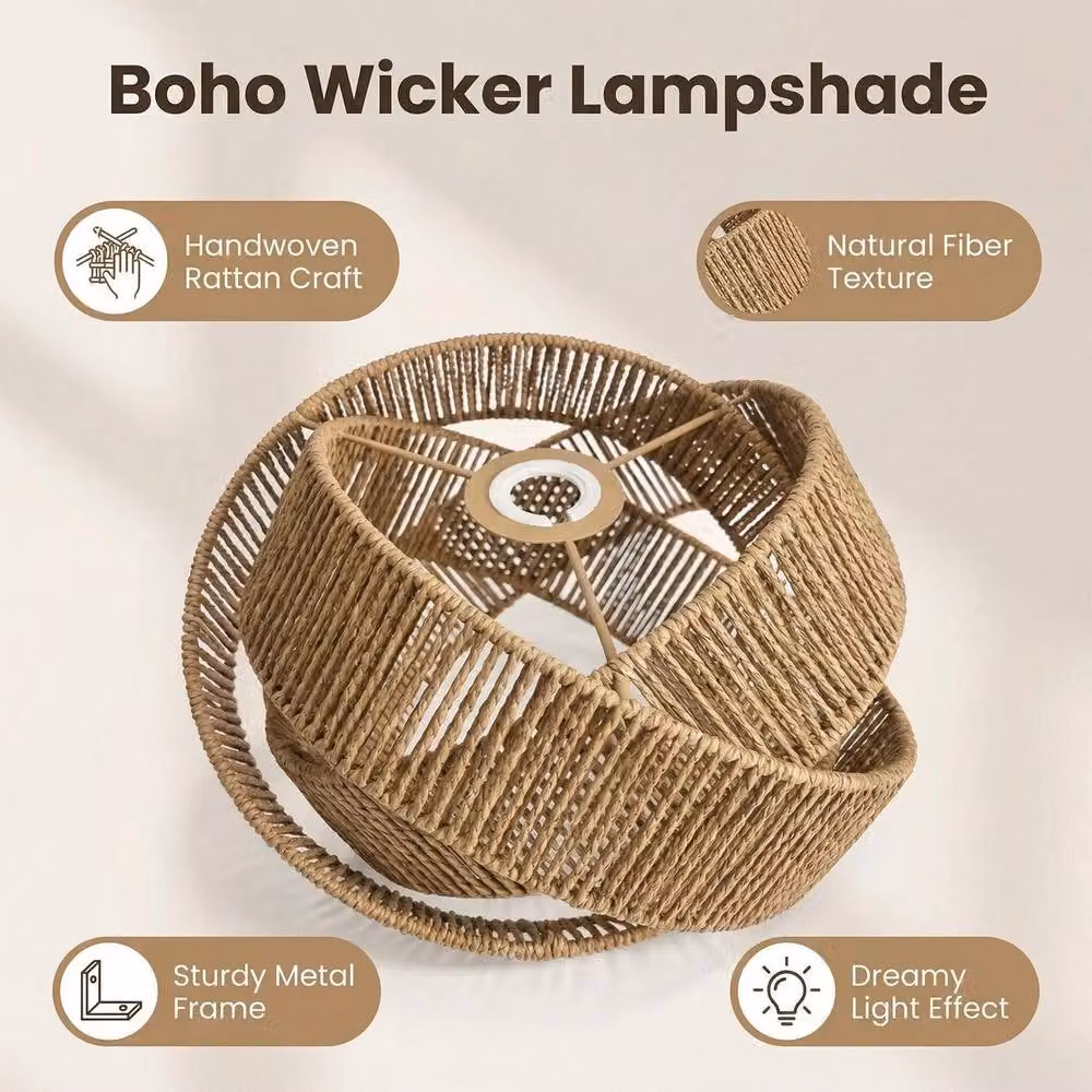 Voltico Brown Rattan Ring Pendant Lampshade, Handwoven Wicker Boho Ceiling Shade, Diameter: 30 cm – 2