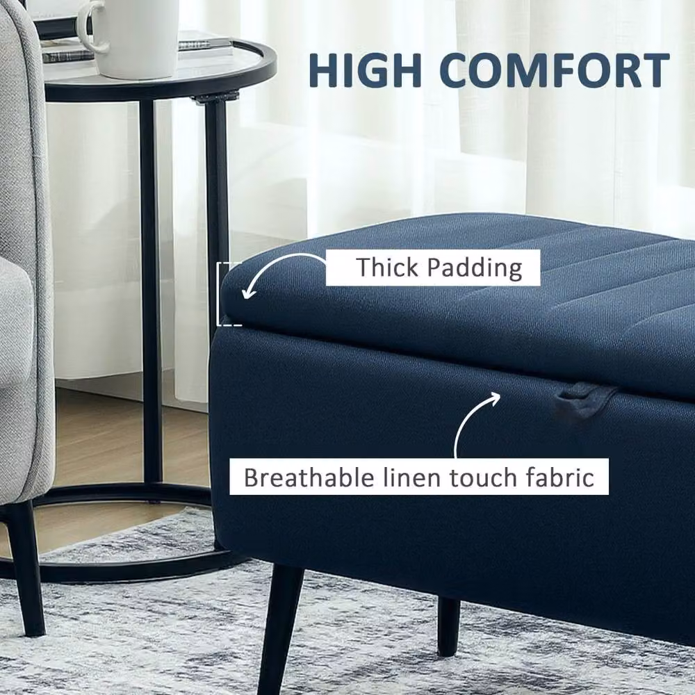 Wyld Haus Sudina Rectangle Storage Ottoman in Dark Blue Linen Look Fabric with Metal Frame – 6