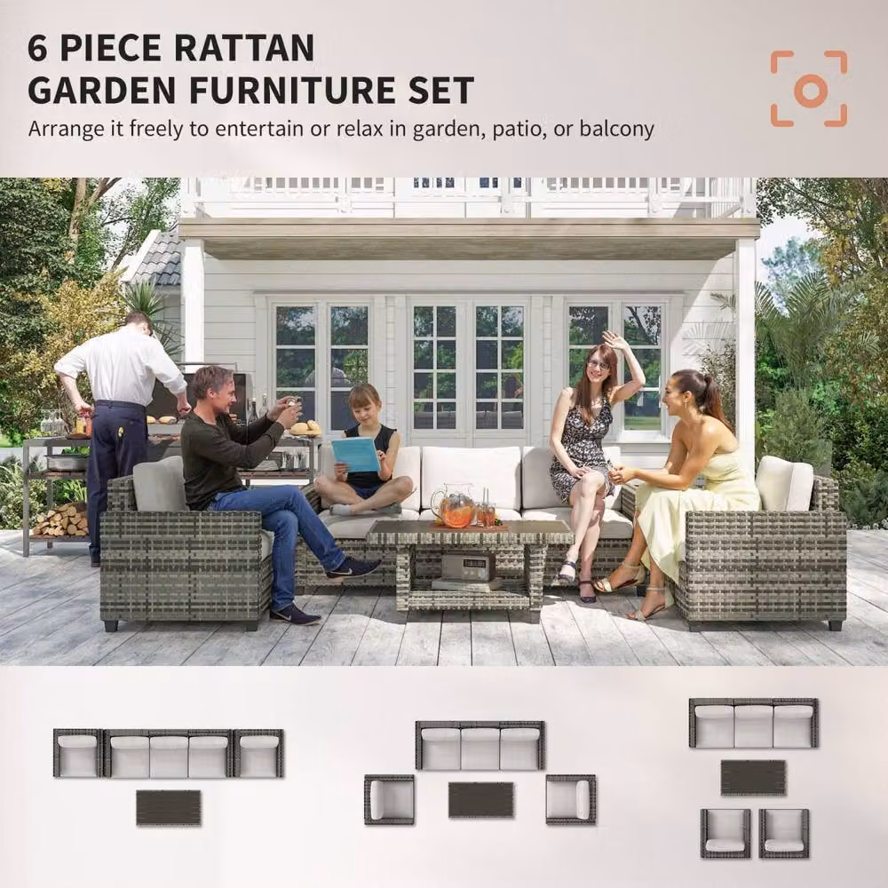 Wyld Haus Coneno 6 Piece Modular Rattan and Metal Outdoor Sofa Set in Light Grey – 5