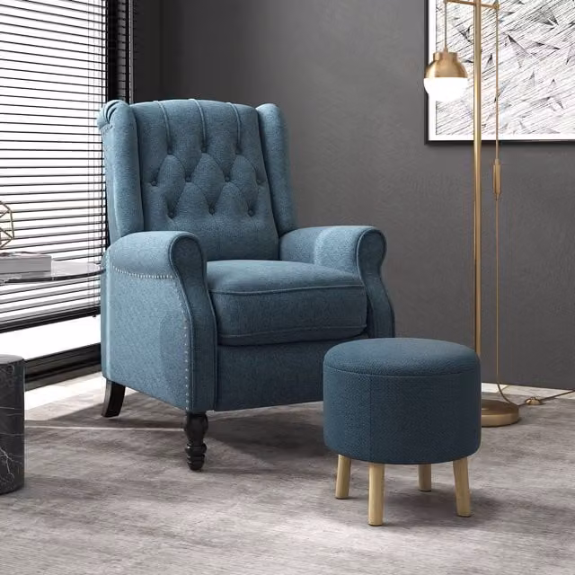 HOMCOM Round Storage Footstool with Padded Blue Polyester Seat and Oak Wood Frame