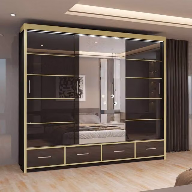 MN Furniture Modern High Gloss Sliding Mirror Wardrobe with LED Lighting in Black and Gold, W: 253 cm, H: 220 cm – 1