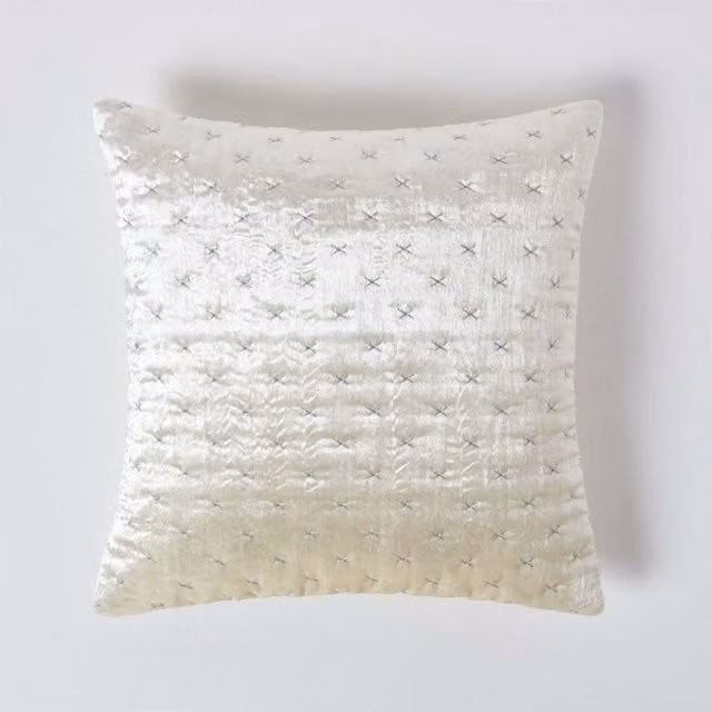 Homescapes Crushed Velvet Cross Stich Cushion Cover, White and Yellow, W/D/H: 55 x 55 x 55 cm