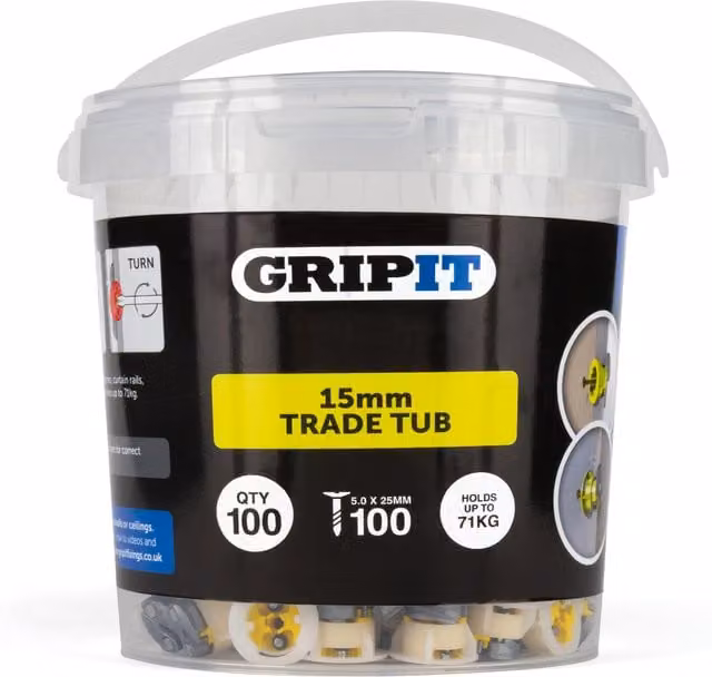 Gripit Yellow Plasterboard Cavity Anchors, 100 Pack, 15mm