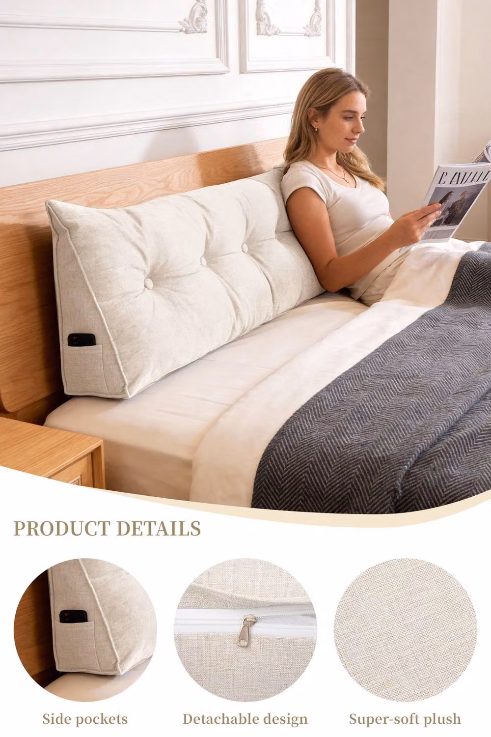 Living and Home Multifunctional Wedge Headboard Pillow with Side Pocket in Beige, Large – 2
