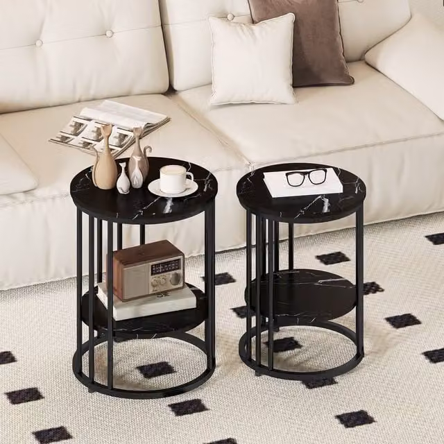 HOMCOM Set of 2 Black Marble-Effect Round Coffee Tables with Metal Legs for your Living Room