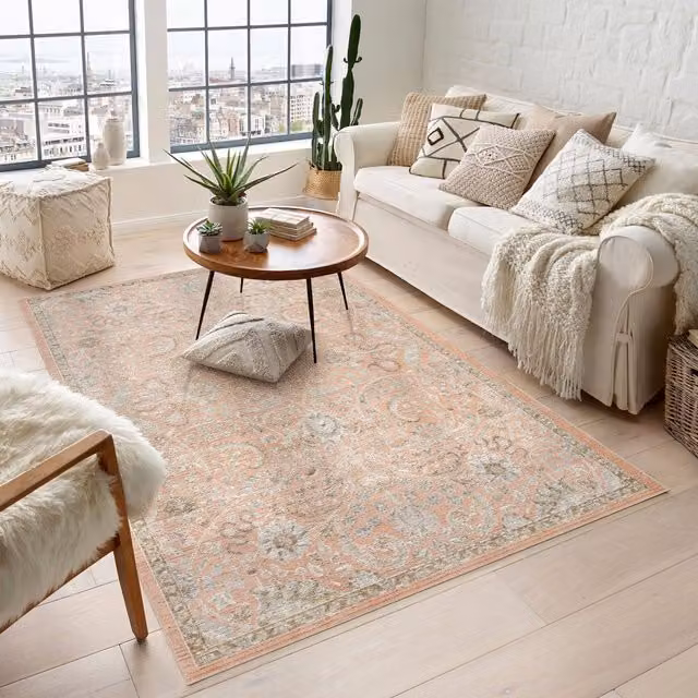 Desire Rugs Maia Washable Floral Traditional Non-Slip Area Rug in Coral, W: 200 cm, D: 300 cm