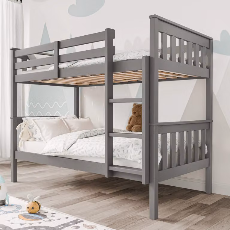 DHS Solid Pine Wood Detachable Double Bunk Bed in Grey