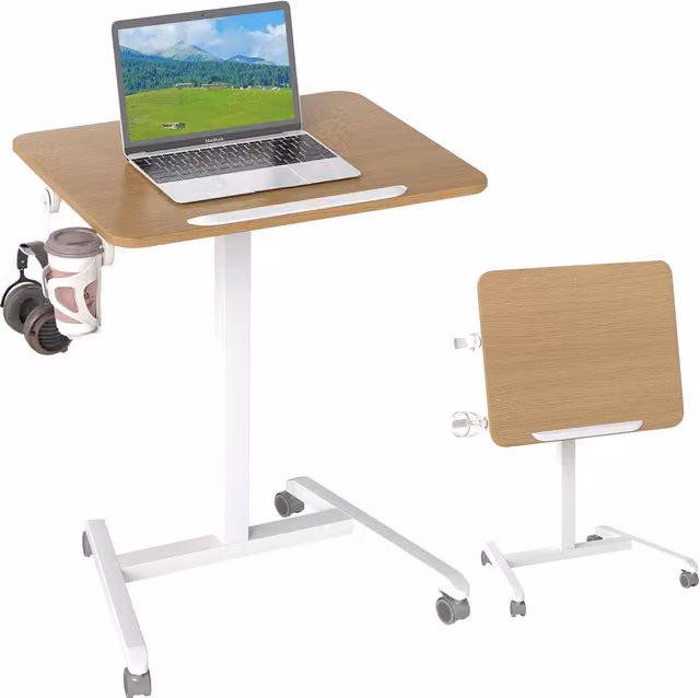 Gymax Foldable Mobile Standing Desk with Height Adjustable Tilting Top and Castors in Khaki