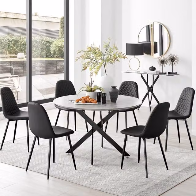 FurnitureboxUK Novara Grey Concrete Effect Round Dining Table and 6 Corona Black Leg Faux Leather Chairs