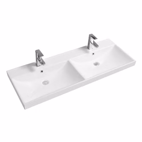 Limoge 5409 White Ceramic Double Inset Bathroom Basin with Dual Scooped Bowls, Rectangular Top-Mount Design, W: 120 cm, D: 27 cm, H: 16.5 cm – 2