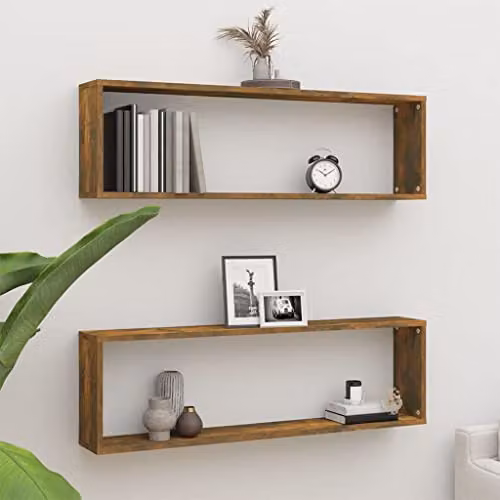 vidaXL Set of 2 Wall Mounted Cube Shelves in Smoked Oak, W/D/H: 100 x 30 x 30 cm – 2