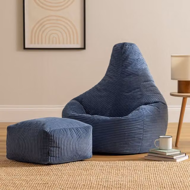 Icon Gaming Bean Bag Recliner and Footstool in Blue Jumbo Cord