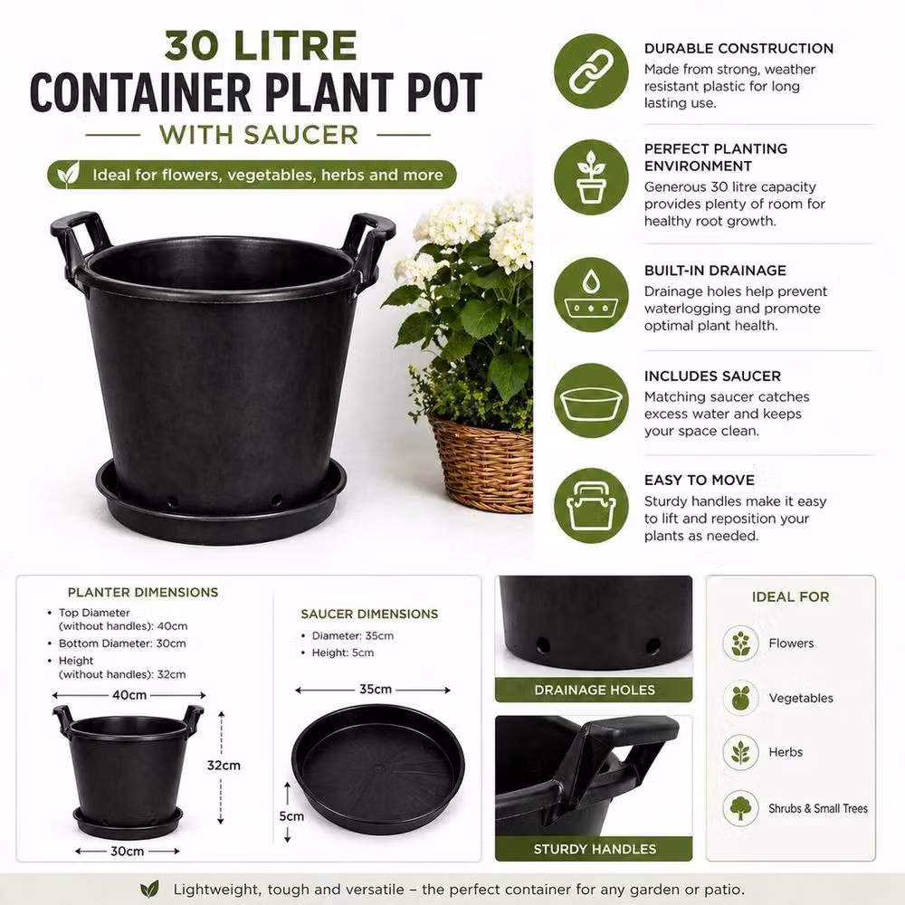 SPETLEK Set of 5 Large Black Plant Pots with Saucers, 30L Capacity – 4