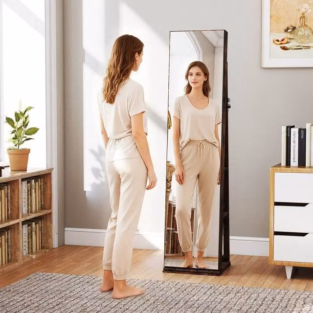 Gymax Brown Jewellery Mirror Cabinet with 360 Degree Swivel, LED Lighting and Lock – 1