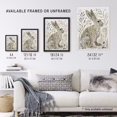 Artery8 Bunny Rabbit and Flowers Folk Art Framed Wall Art Print, Grey and Yellow, A4 – 3