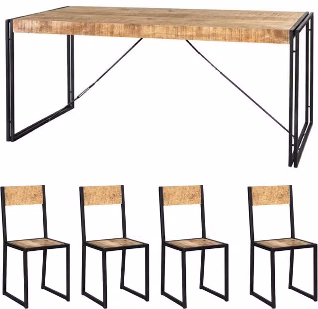 IH Design Upcycled Vintage Mintis Medium Rectangular Dining Table Set with 4 Brown Wood Chairs