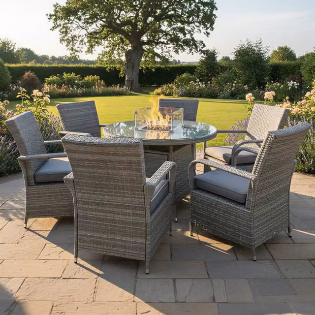 Oseasons Windsor 6 Seat Rattan Firepit Dining Set in Mixed Grey