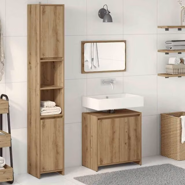 Berkfield Home 3 Piece Modern Bathroom Furniture Set in Artisan Oak, including Vanity Unit, Tall Cabinet and Mirror Cabinet