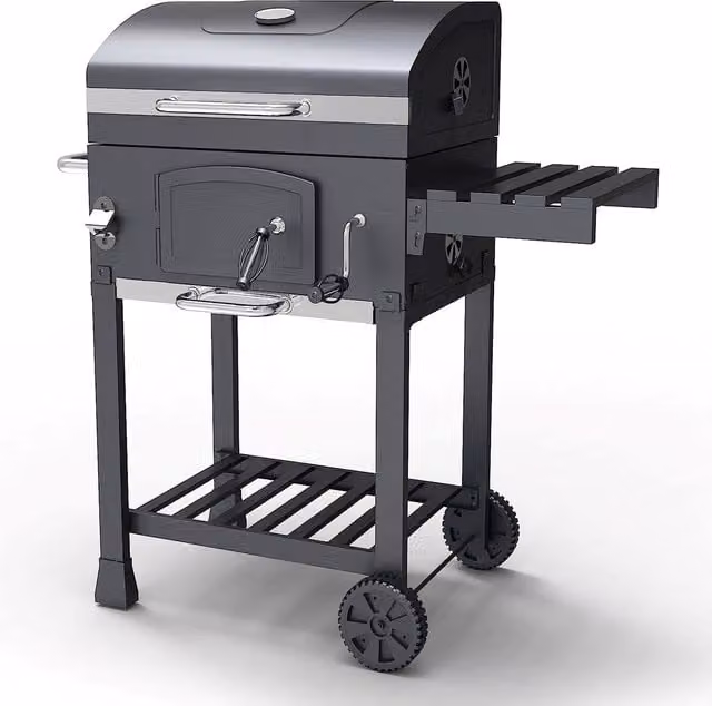 Gr8 Garden Large Rectangular Adjustable Charcoal Barbecue Grill in Black with Thermometer, Warming Rack and Wheels, W/D/H: 103.5 x 102 x 64.5 cm