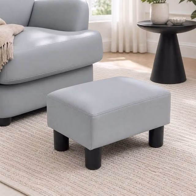 STILVORA Grey Faux Leather Upholstered Footstool with Wood Frame